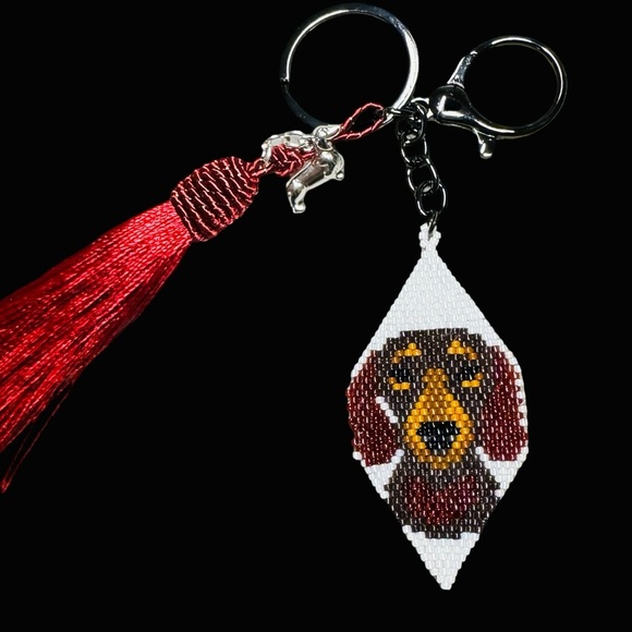 Handcrafted Beaded Dachshund Keychain with Red Tassel - Picture 1 of 4
